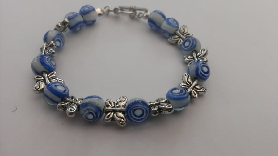 SALE Butterflies & Blue Beaded Bracelet