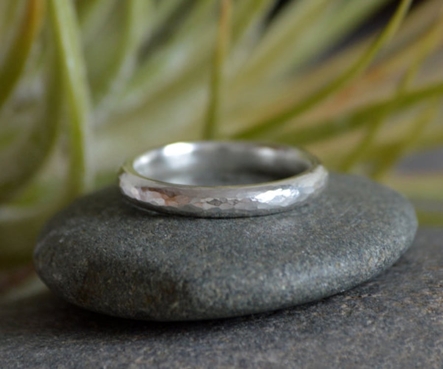 Hammered Effect Wedding Band In Sterling Silver 3mm Wide 