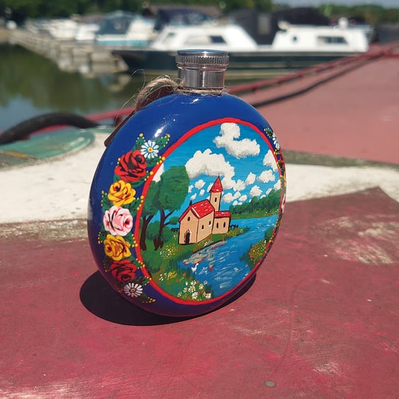 Hand painted rose and castle hip flask 