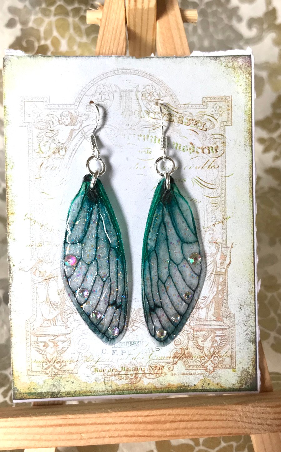 Sparkling Green Aurora Borealis Fairy Wing Sterling Silver Earrings