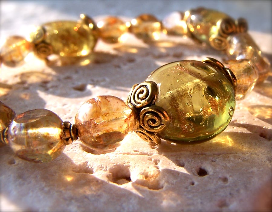 Stretch Bracelet, Beaded Bracelet, Green & Gold Glass Beads