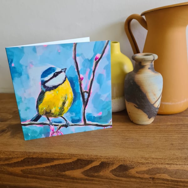 Playful blue tit painting printed card