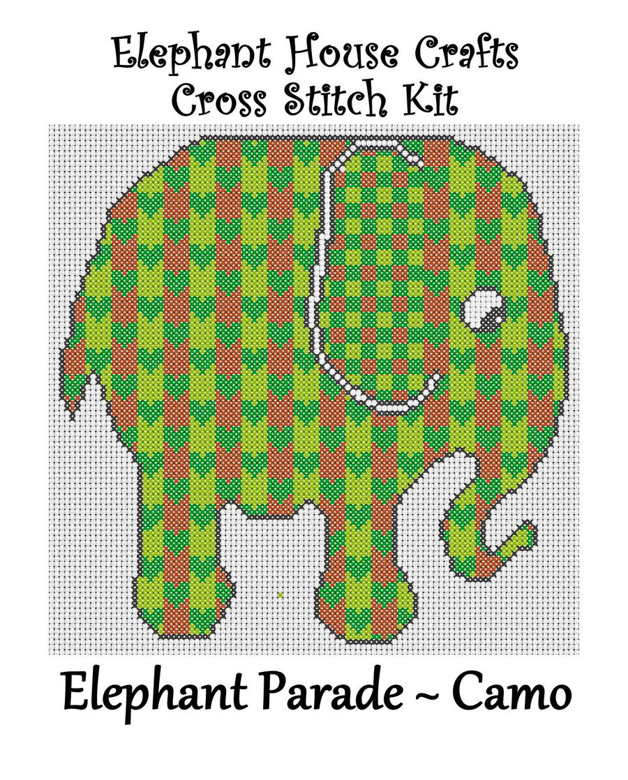Elephant Parade Cross Stitch Kit Camo Size Approx 7" x 7"  14 Count Aida