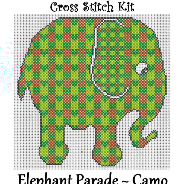 Elephant Parade Cross Stitch Kit Camo Size Approx 7" x 7"  14 Count Aida