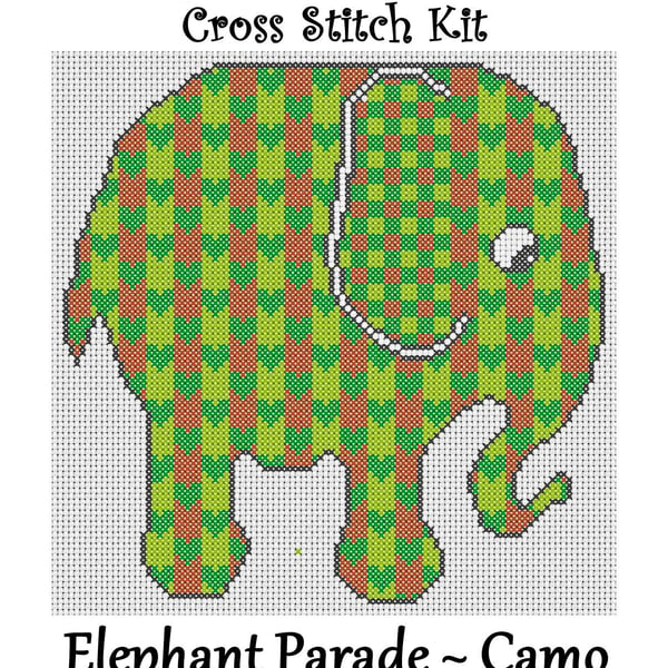 Elephant Parade Cross Stitch Kit Camo Size Approx 7" x 7"  14 Count Aida