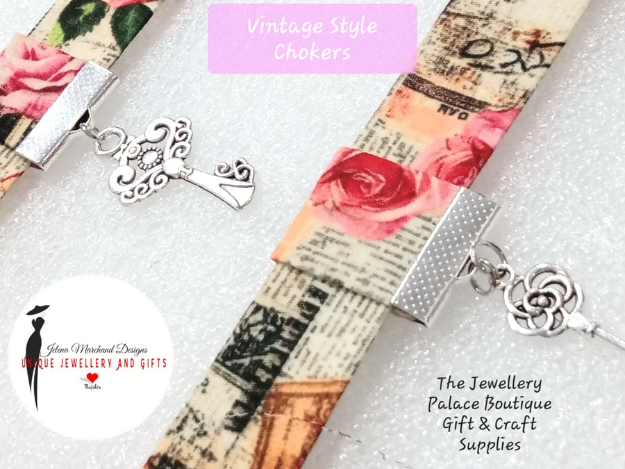 Choker, Necklace, Patterned, Red Rose, Beige, Red, Black, Colourful, Embellished