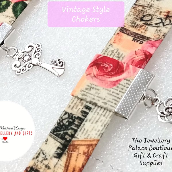 Choker, Necklace, Patterned, Red Rose, Beige, Red, Black, Colourful, Embellished