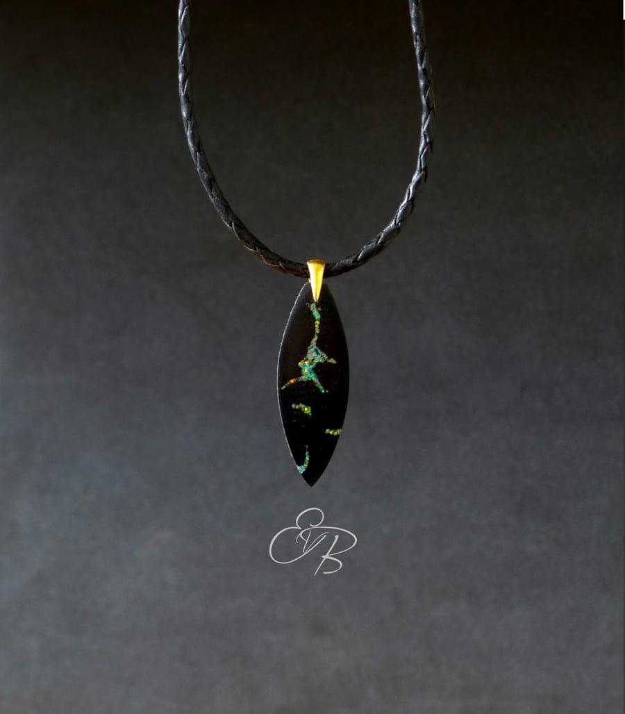 Bog Oak Surfboard Wood Necklace With Dark Mint Opal Stone Inlay