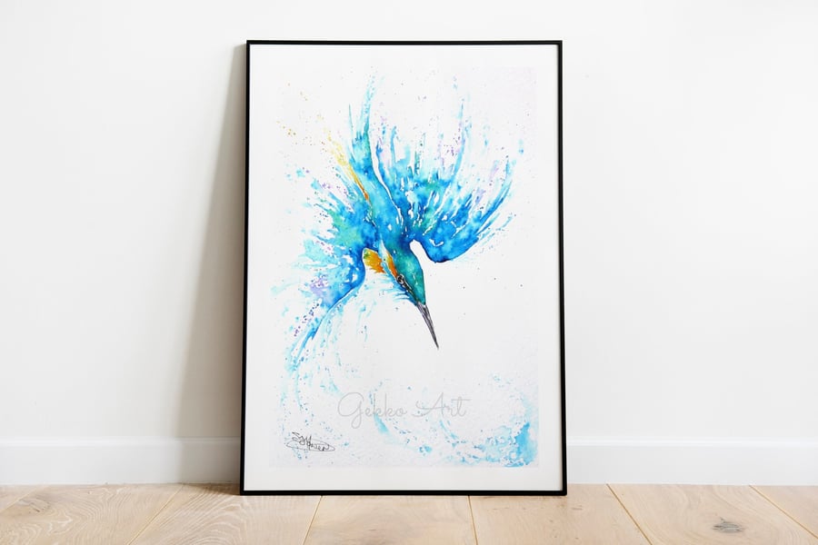 Kingfisher Original Watercolour, Blue Yonder. Fine art print on 315 gsm paper