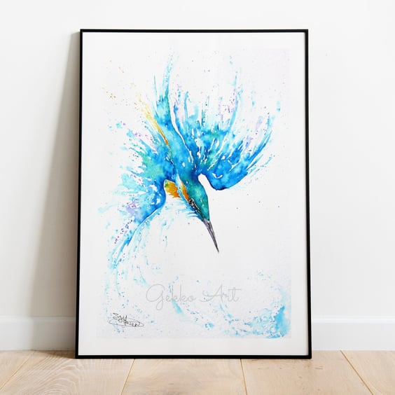 Kingfisher Original Watercolour, Blue Yonder. Fine art print on 315 gsm paper