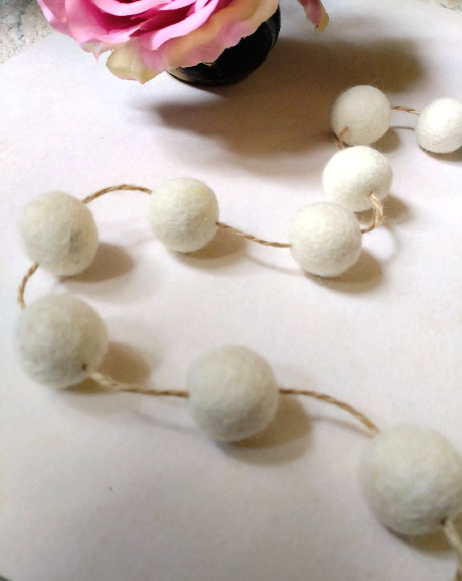 Felt Ball Garland, White Decorative Bunting, Nursery Decor