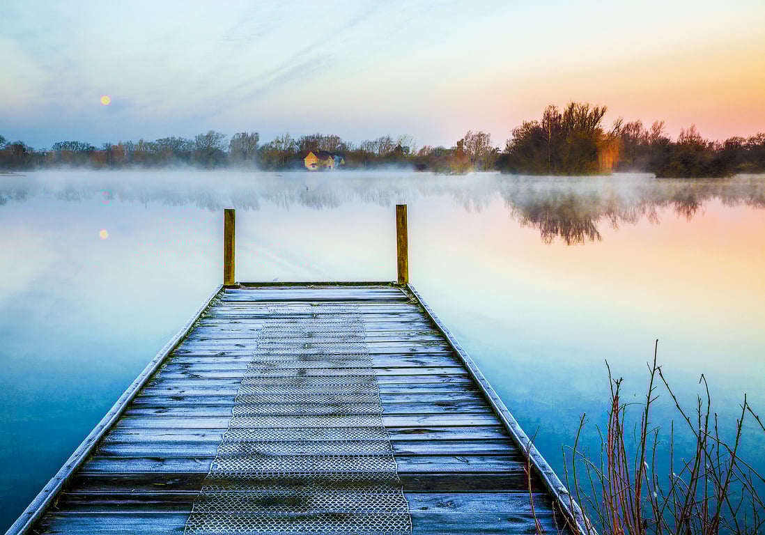 Moonlight Sunrise lake frost mist jetty winter dawn Cotswolds Gloucestershire 