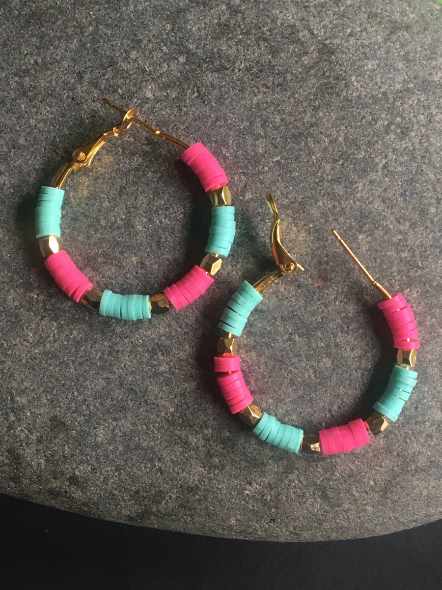 Bright pink and turquoise hoop earrings