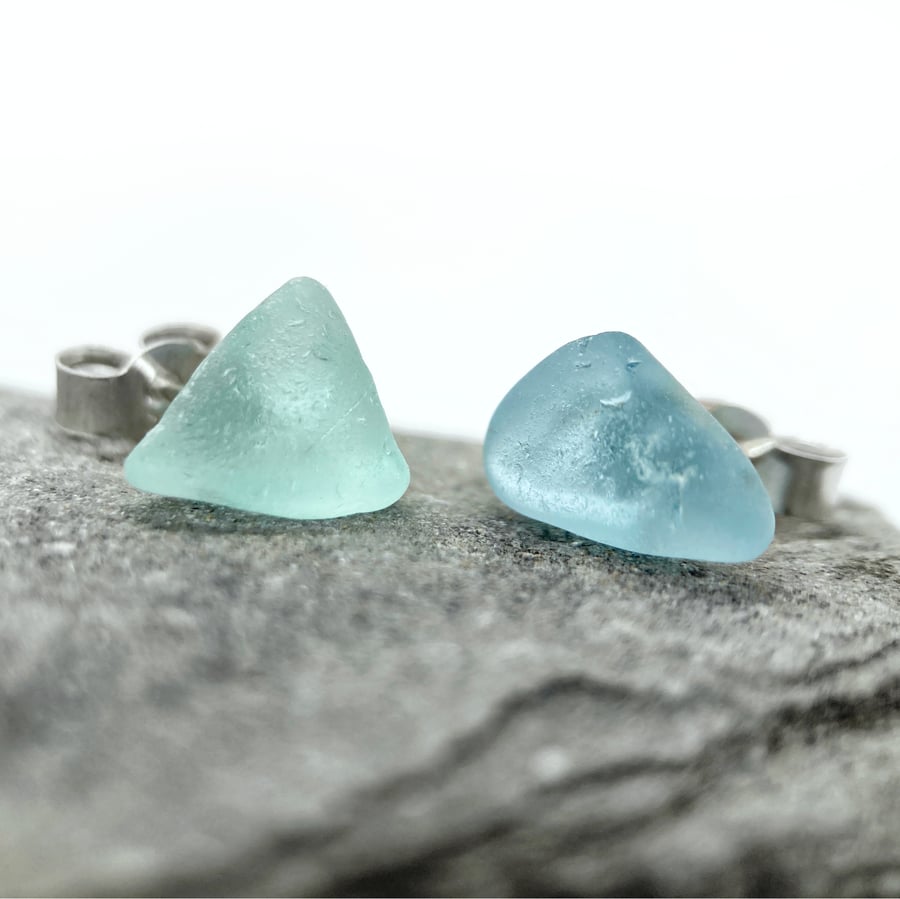 Sea Glass Stud Earrings - Sterling Silver Green Beach Glass Scottish Jewellery
