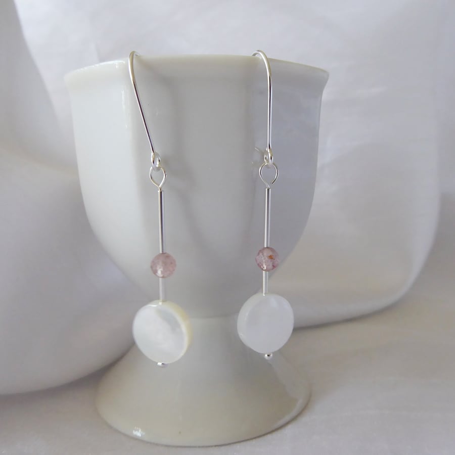 Strawberry Moon Earrings - Strawberry Quartz, Mother of Pearl & Sterling Silver