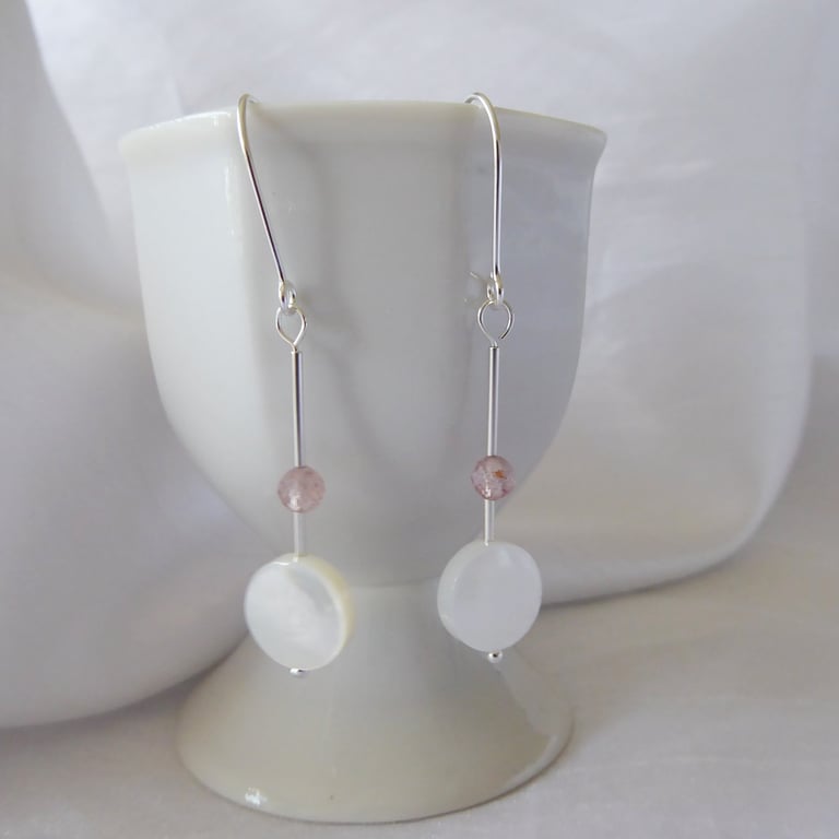 Strawberry Moon Earrings - Strawberry Quartz, Mother of Pearl & Sterling Silver