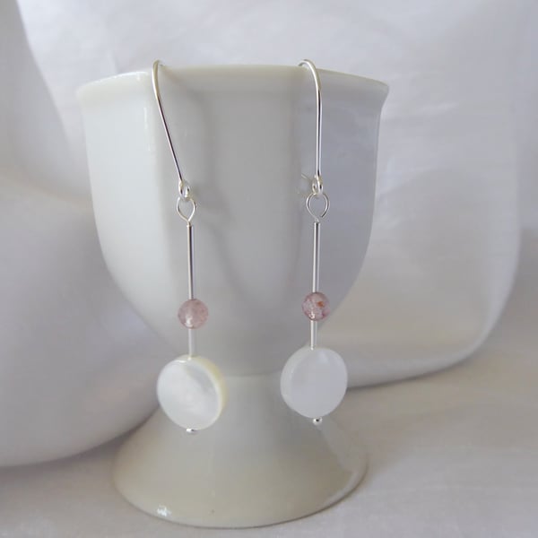 Strawberry Moon Earrings - Strawberry Quartz, Mother of Pearl & Sterling Silver