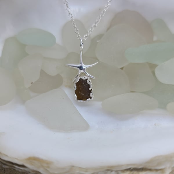 Amber sea glass - silver starfish - one of a kind pendant - unique necklace 