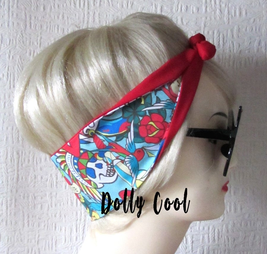Tattoo Swallow Hair Tie Print Head Scarf by Dolly Cool - Your Choice of Red OR B
