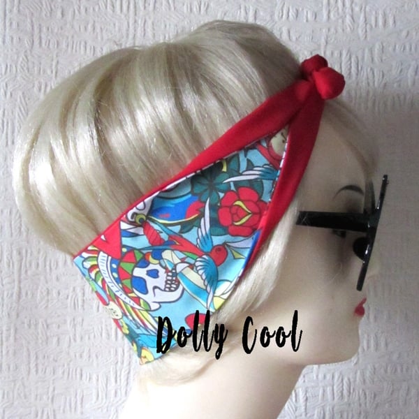 Tattoo Swallow Hair Tie Print Head Scarf by Dolly Cool - Your Choice of Red OR B