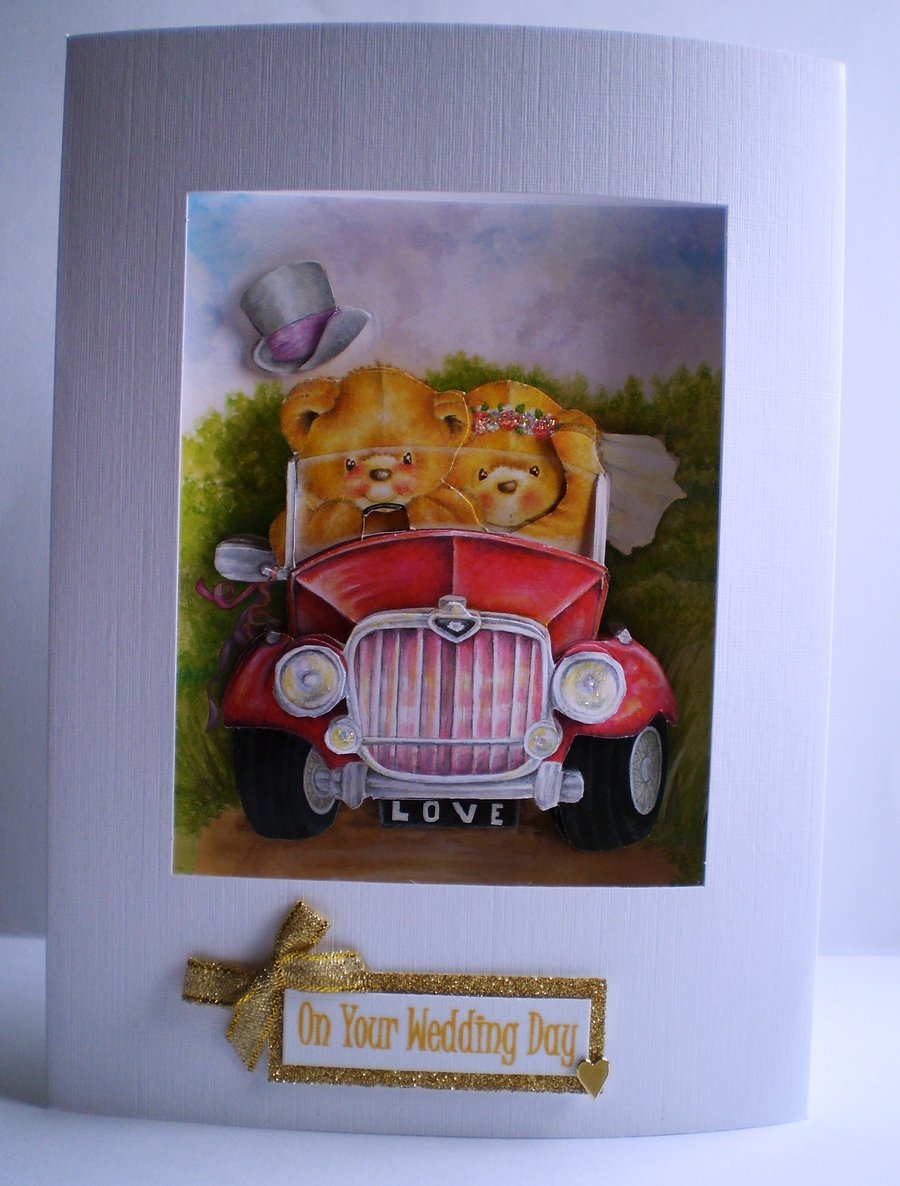 wedding decoupage teddy card, handmade, personalise