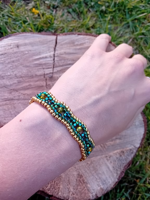 Turquoise and gold shimmering waves bracelet