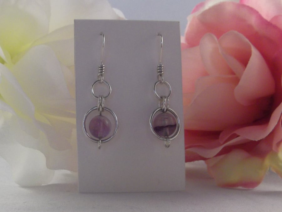 Fluorite gemstone dangle earrings silver circles inspiration meditation dreams