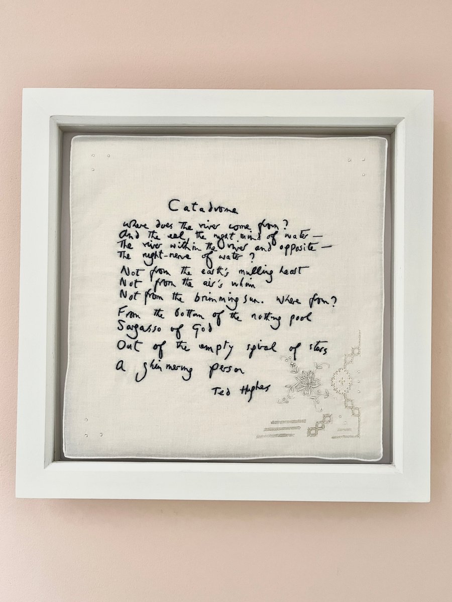 Hand embroidered poem on vintage handkerchief - 'Catadrome' by Ted Hughes