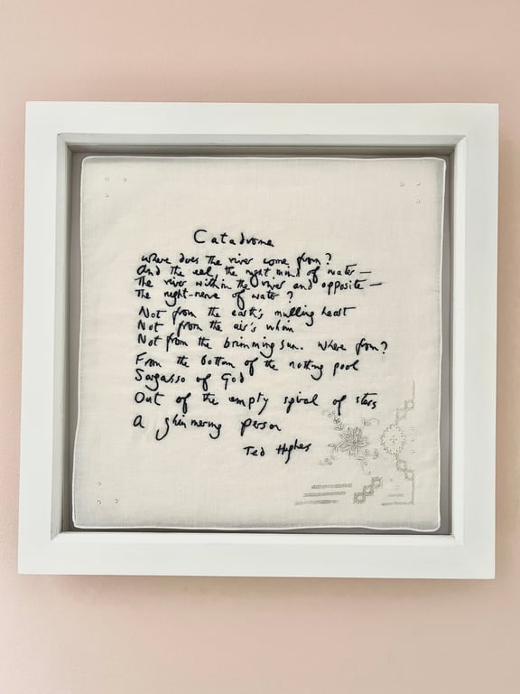 Hand embroidered poem on vintage handkerchief - 'Catadrome' by Ted Hughes