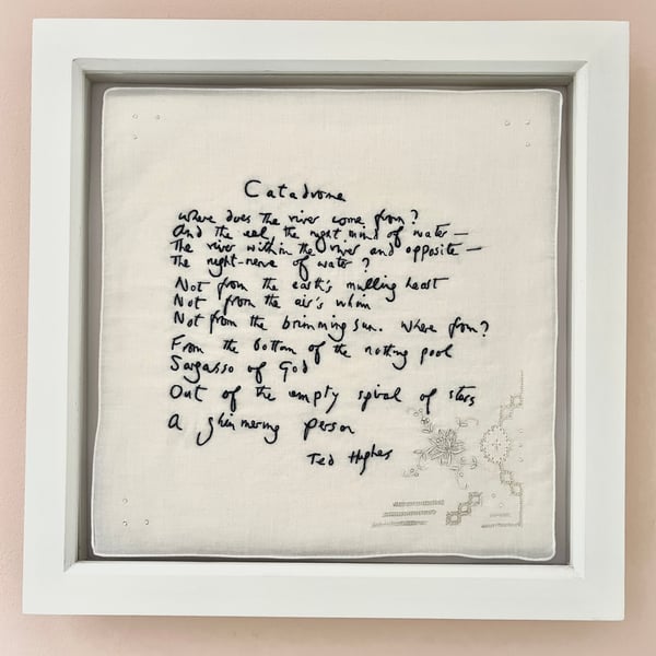 Hand embroidered poem on vintage handkerchief - 'Catadrome' by Ted Hughes