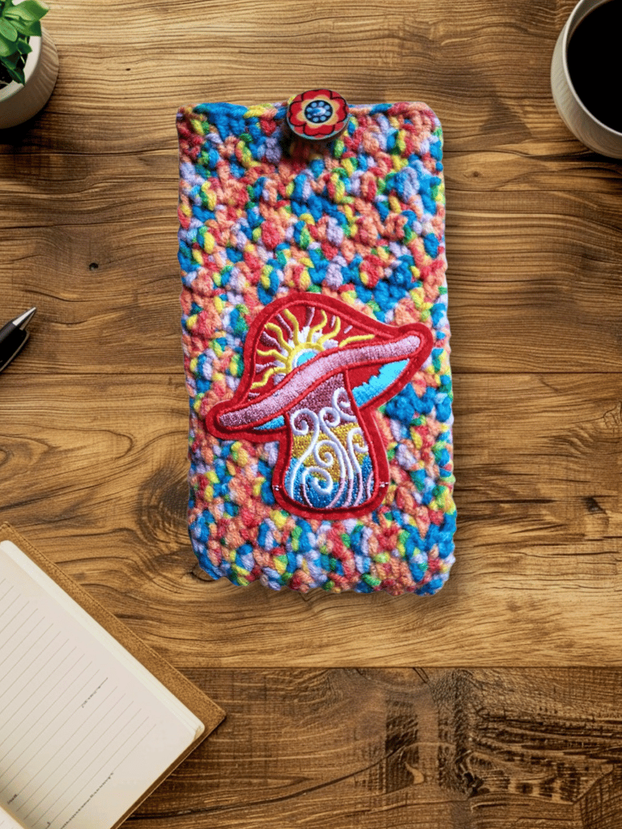 psychedelic mushroom retro crochet glasses case