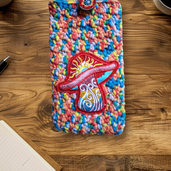 psychedelic mushroom retro crochet glasses case