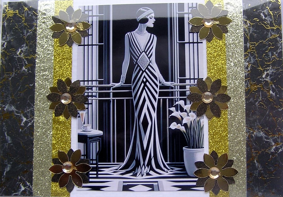 Art Deco Style Lady - Hand Crafted Decoupage Greeting Card - Blank 3070