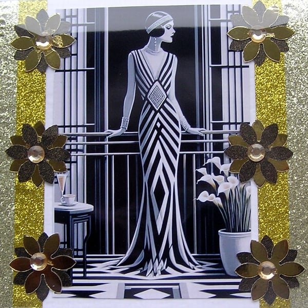 Art Deco Style Lady - Hand Crafted Decoupage Greeting Card - Blank 3070
