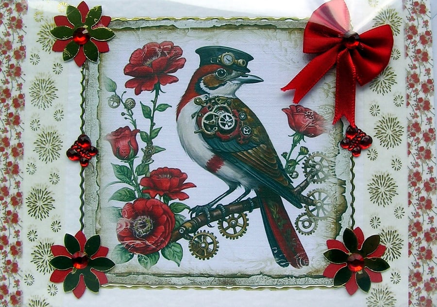 Steampunk Magpie - Hand Crafted Decoupage Greeting Card - Blank - 2870