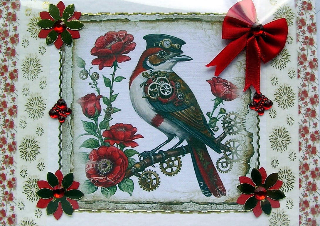 Steampunk Magpie - Hand Crafted Decoupage Greeting Card - Blank - 2870