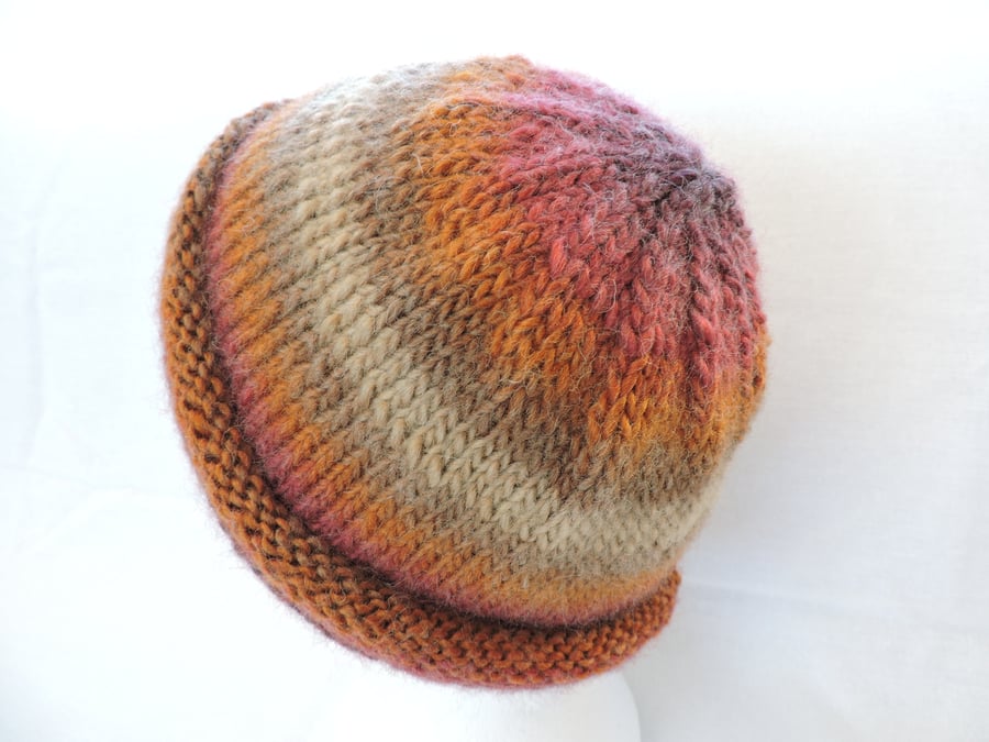 Beanie Hat Knitted in Tangerine Cream Taupe Purple Magenta Chunky Yarn