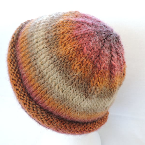 Beanie Hat Knitted in Tangerine Cream Taupe Purple Magenta Chunky Yarn