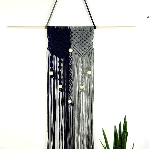 Navy blue and Grey Macrame Wall hanging, Boho wall art, wall decor, two-tone