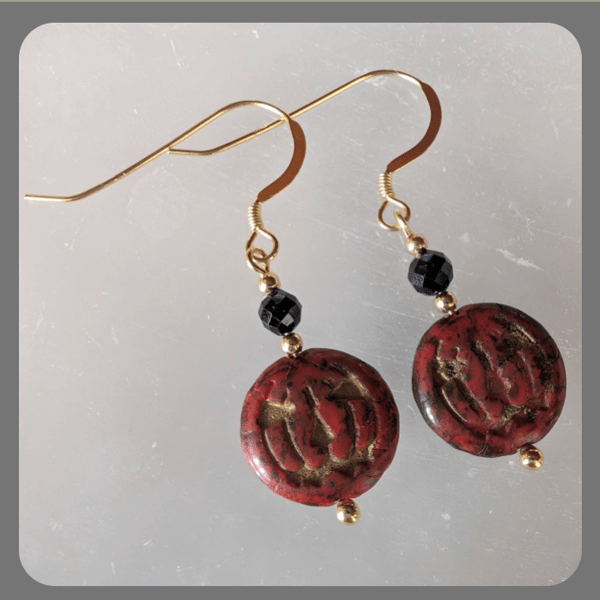 Halloween Pumpkin Czech Glass, Tourmaline and Vermeil Earrings