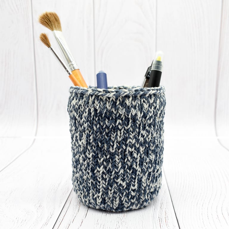 Hand Knitted pen Pot - Blue and White - Recycled Yarn