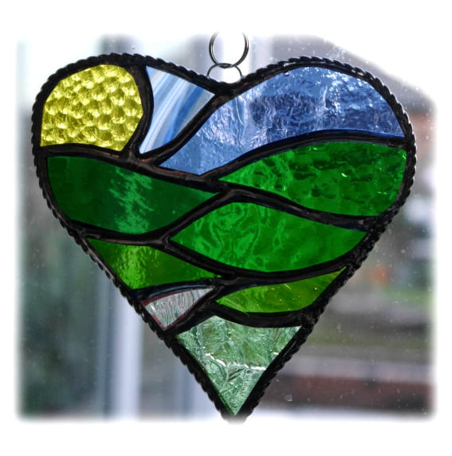 Green Fields Heart Stained Glass Suncatcher Handmade 
