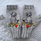  Grey Fingerless Gloves Hand Knitted With Embroidered Puppy Dog (J1)