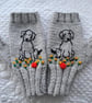  Grey Fingerless Gloves Hand Knitted With Embroidered Puppy Dog (J1)