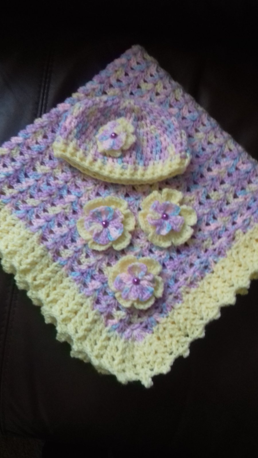 Crocheted baby hat and blanket in multi colours and lemon gift set