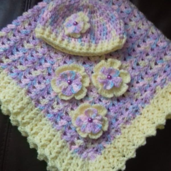 Crocheted baby hat and blanket in multi colours and lemon gift set