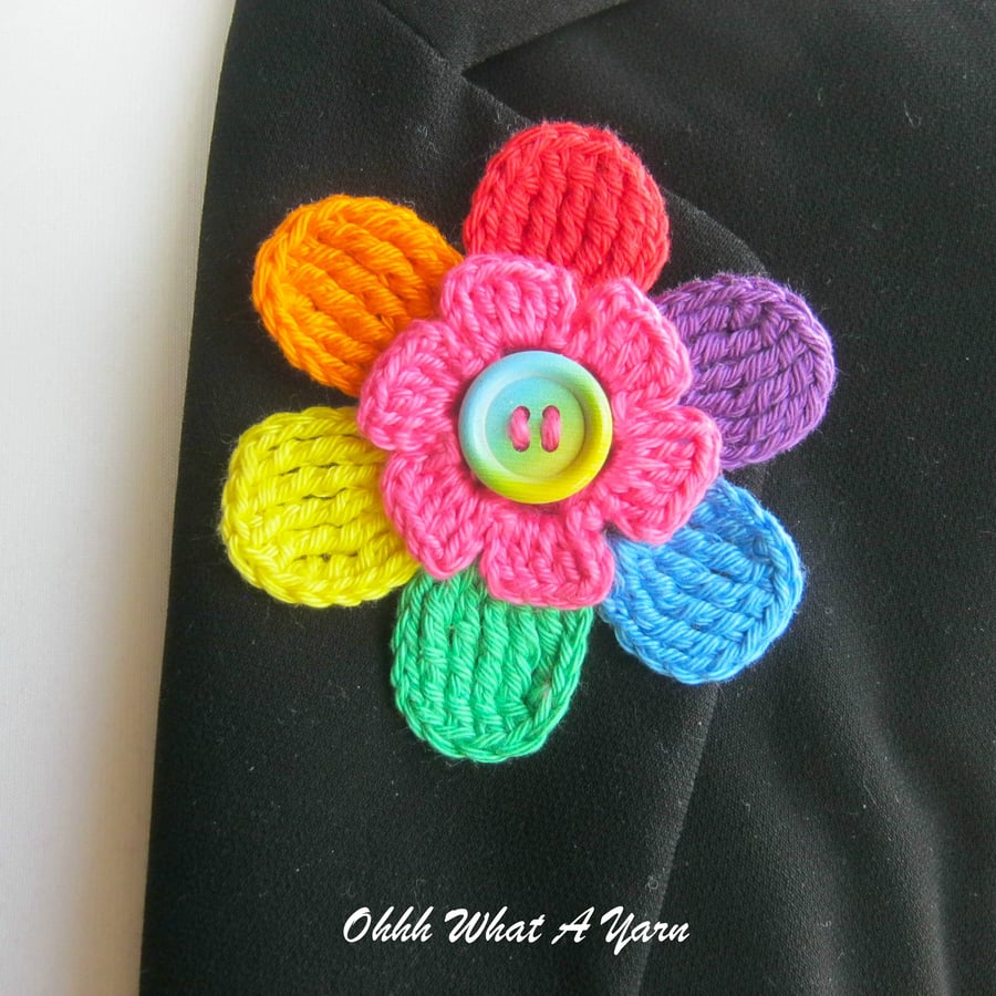 Crochet rainbow flower brooch, crochet flower pin, flower brooch