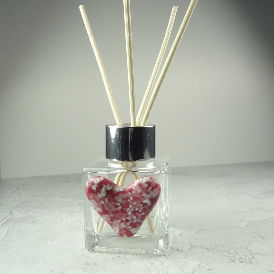 Handcrafted pink heart decorated fused glass reed diffuser – A unique gift