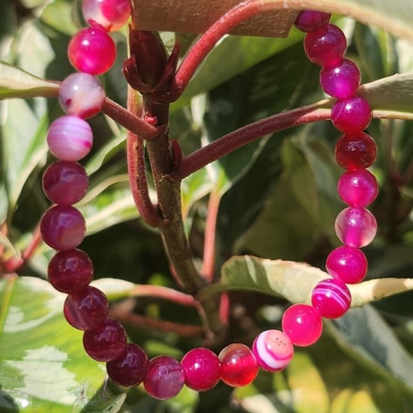 Pink Striped Agate Rounds Stretchie Bracelet 