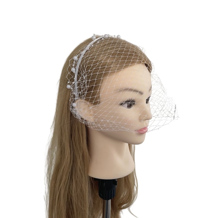 White Satin Headband with Birdcage Veil Bridal Headpiece One Size Handmade Bride